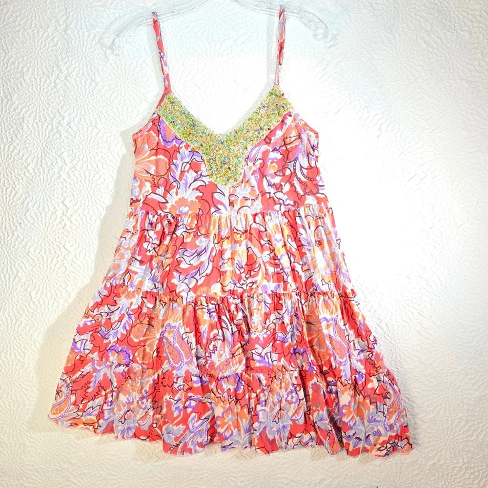 Free People Floral Paisley Beaded V-Neck‎ Tiered Mini Dress Orange Purple XS